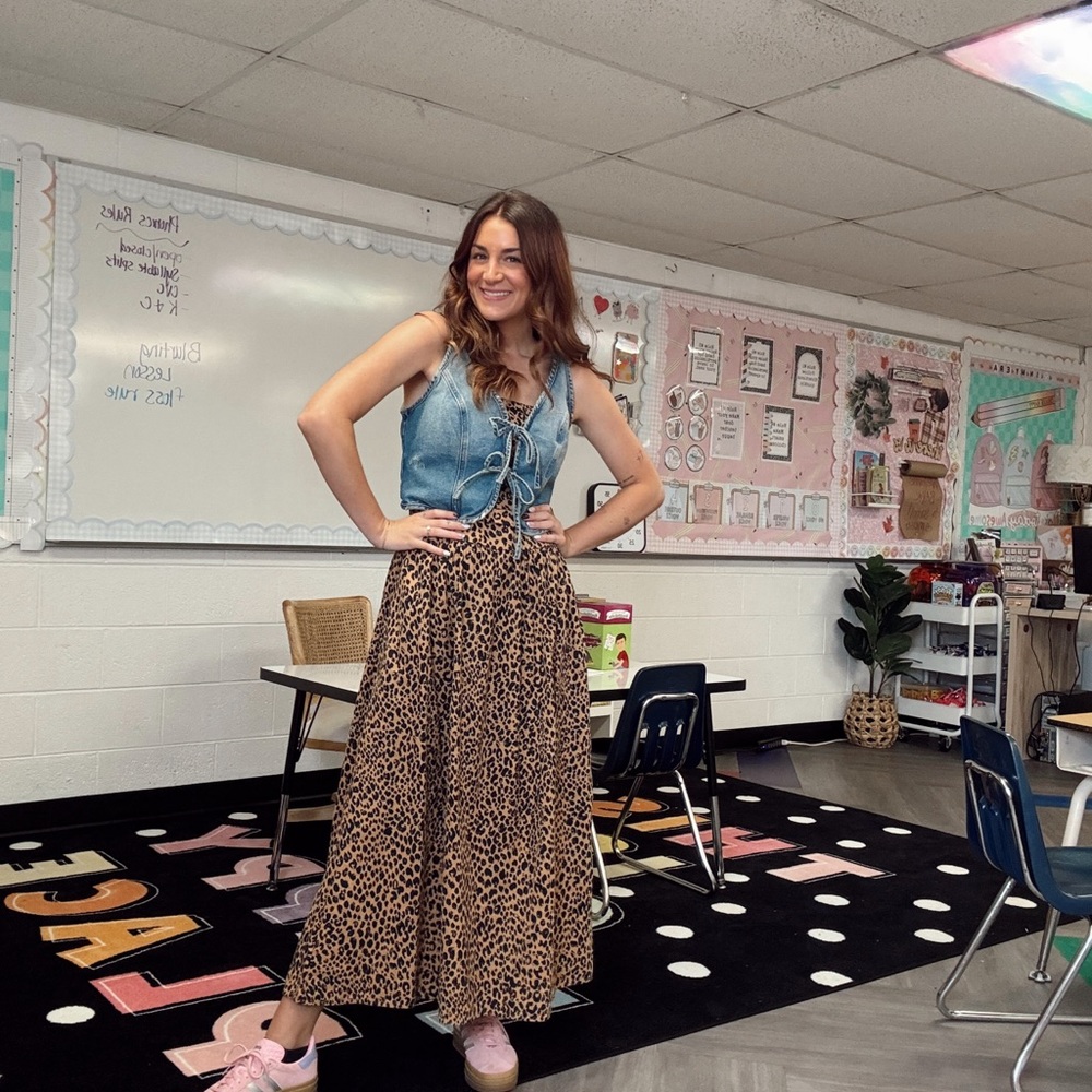 Target Blue Denim Tie-Front Top with Brown Leopard Print Maxi Skirt